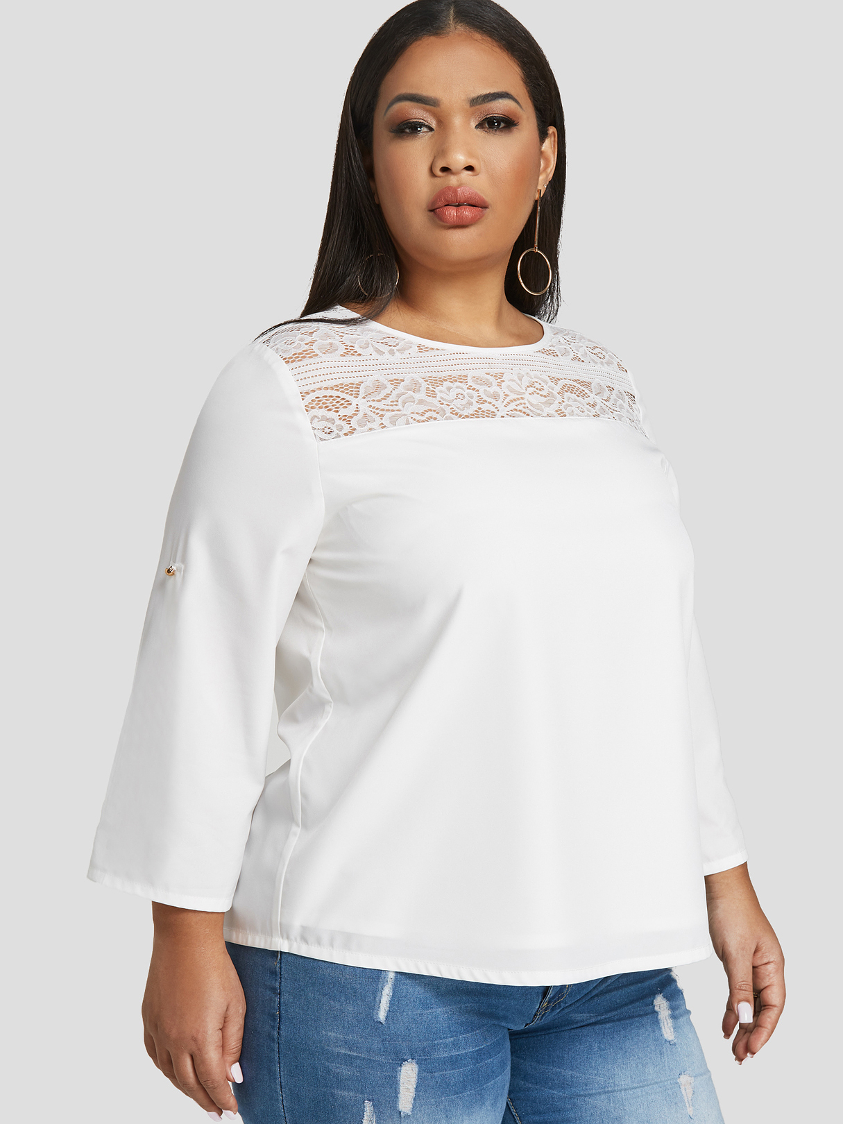 Plus Size White Adjustable Round Neck Lace Insert Blouse