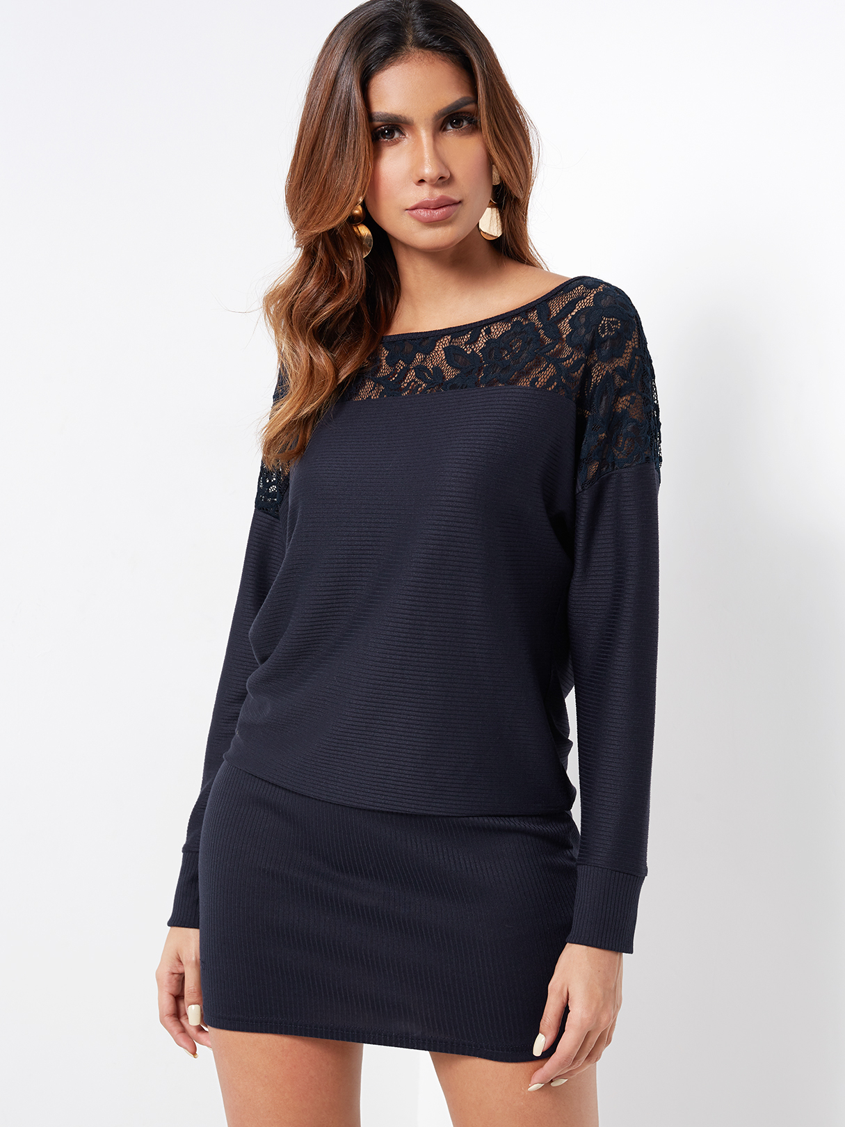 Navy Lace Splicing Round Neck Long Sleeves Bodycon Hem Dress