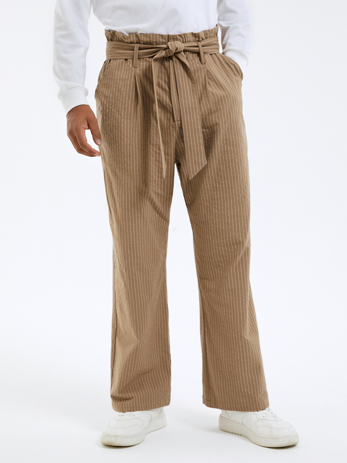 Men Striped Print Knot Zip Front Loose Casual Pants