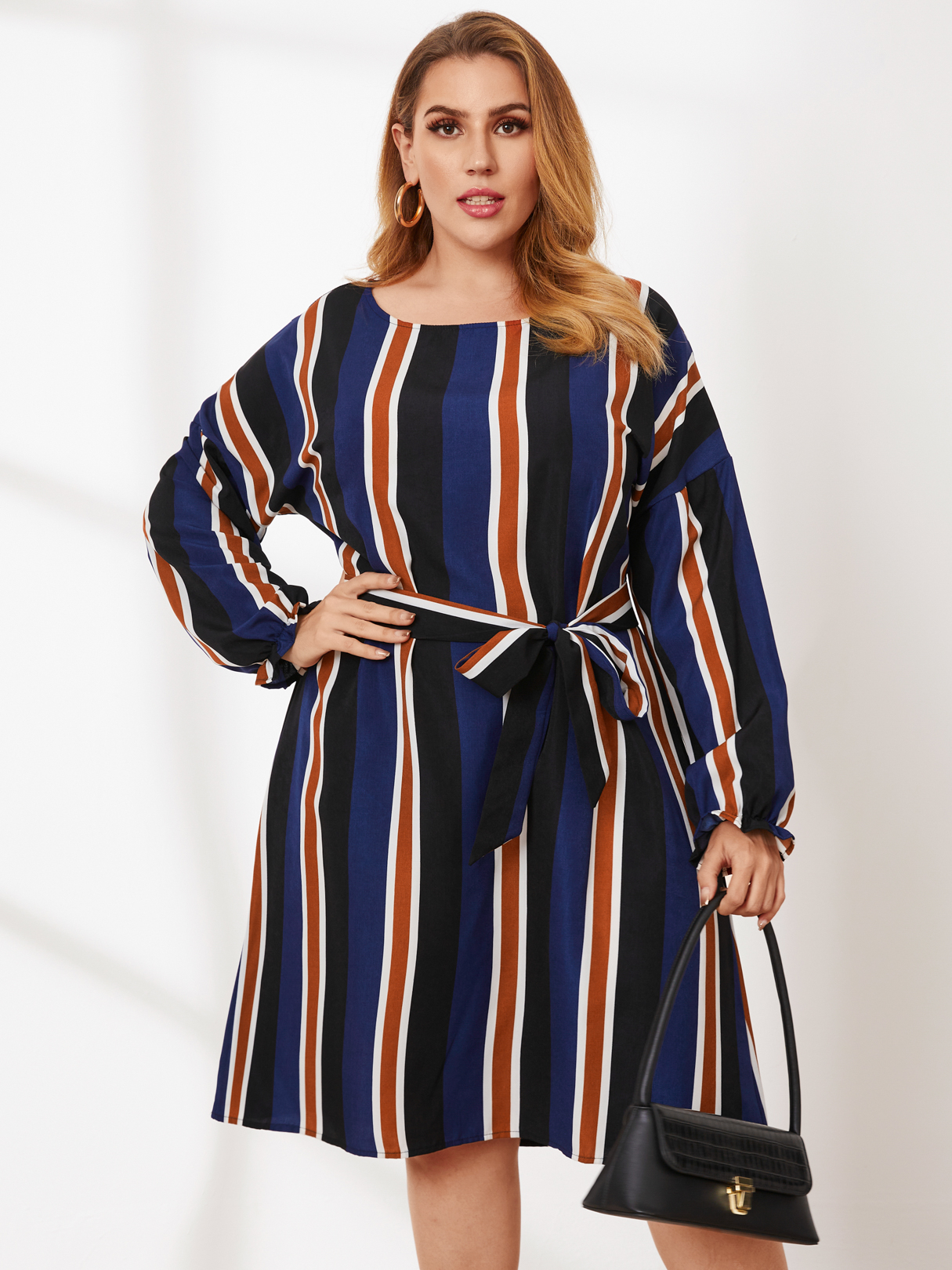 Yoins Plus Size Round Neck Striped Belt Design Long Sleeves Dress