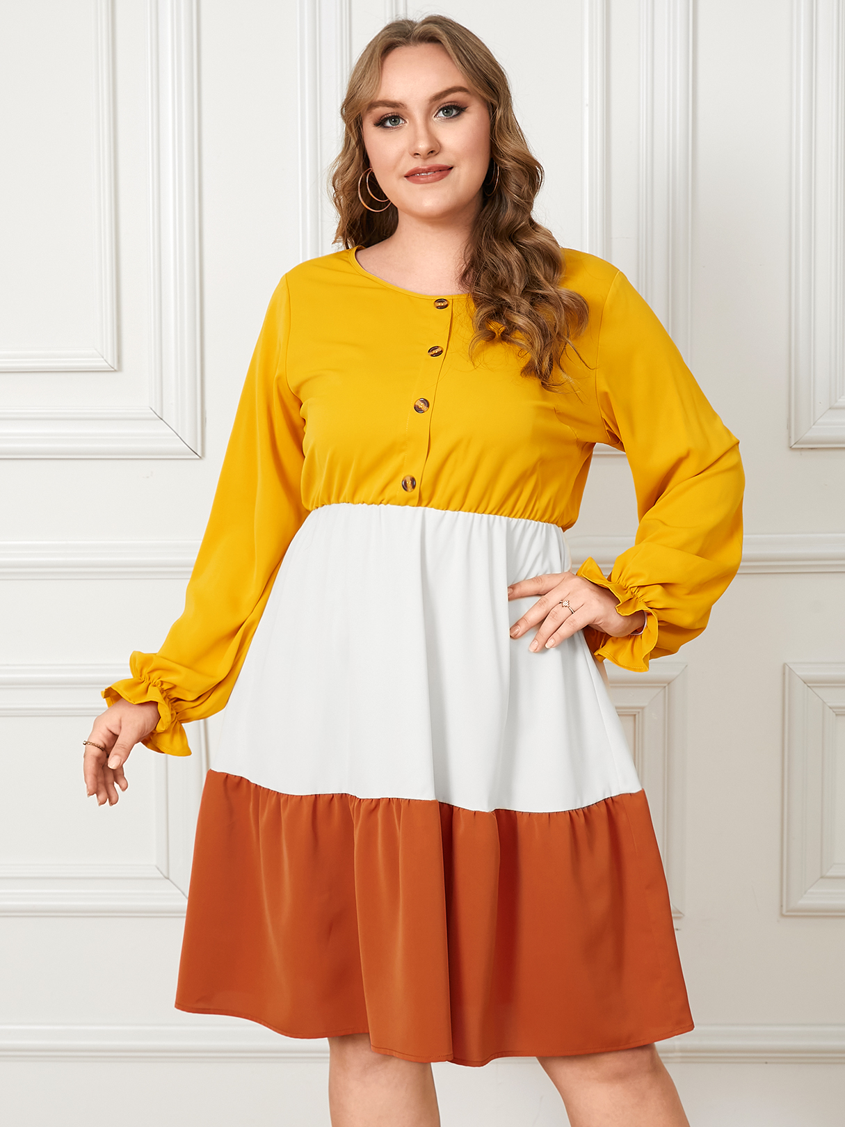 YOINS Plus Size Round Neck Color Block Front Button Long Sleeves Dress