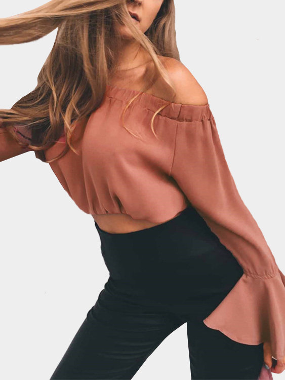 Rust Off-The-Shoulder Long Flared Sleeves Crop Top