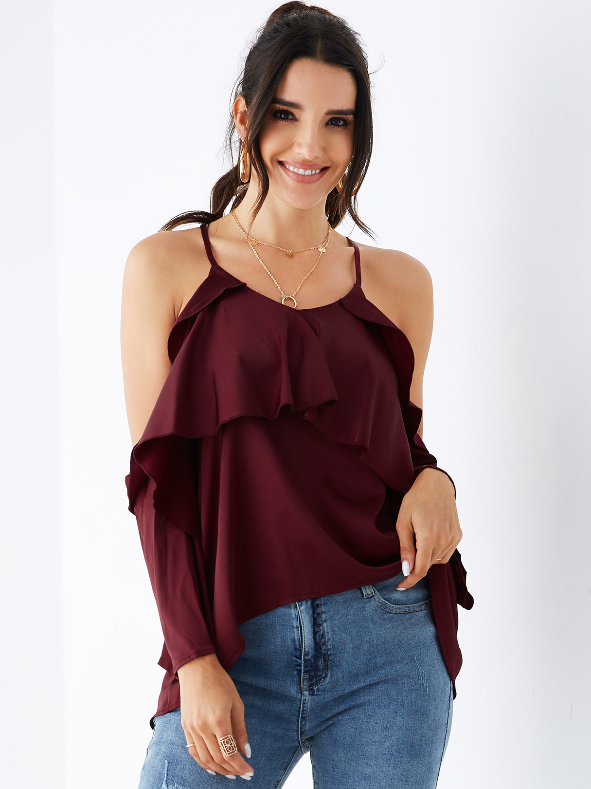Burgundy Tiered Design Cold Shoulder Blouse
