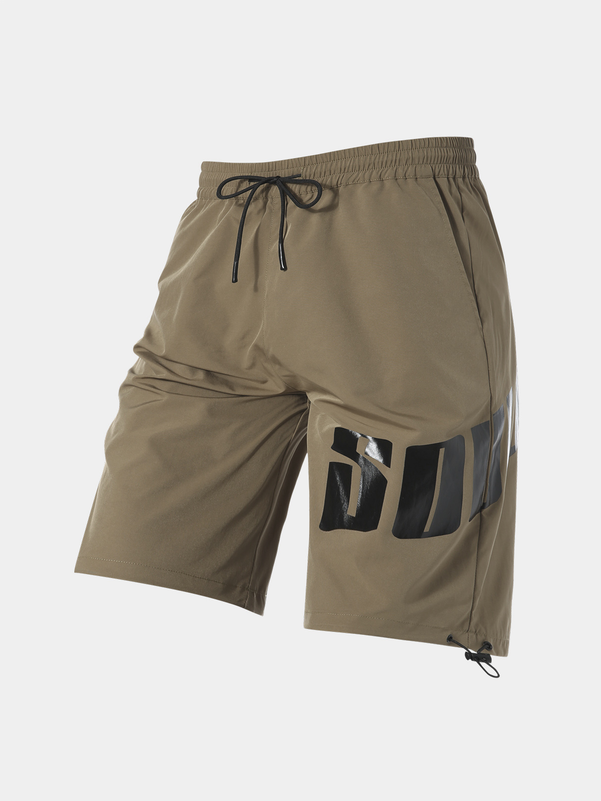 Men Khaki Letter Print Drawstring Sporty Shorts