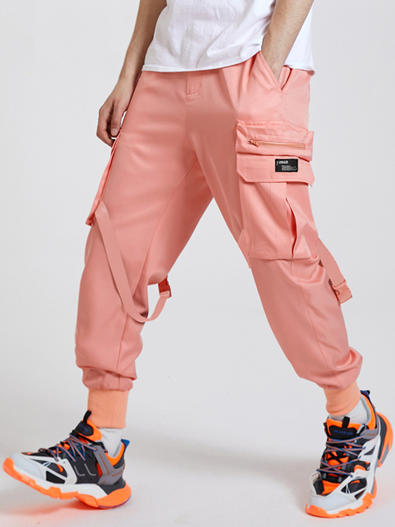 Men Fashion Plain Ribbon Multi-pockets Cargo Pants