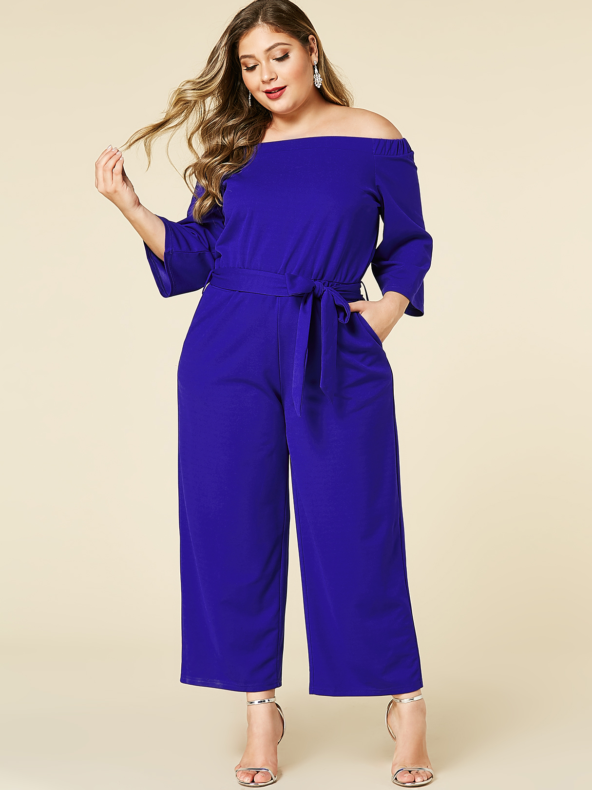 YOINS Plus Size Blue Off The Shoulder Long Sleeves Jumpsuit