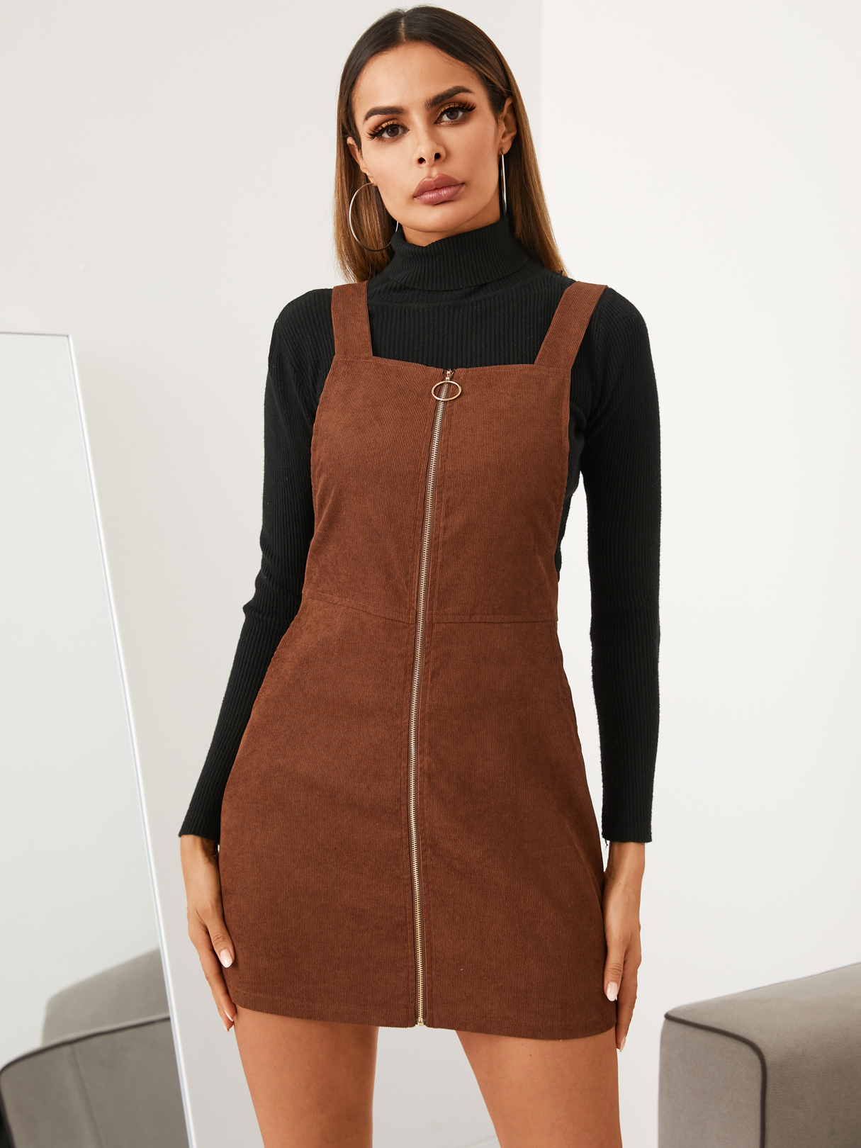 YOINS Brown Side Pockets Zip Front Mini Dress