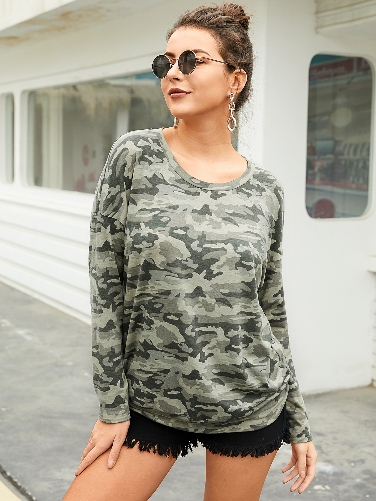 YOINS Green Camo Round Neck Tee