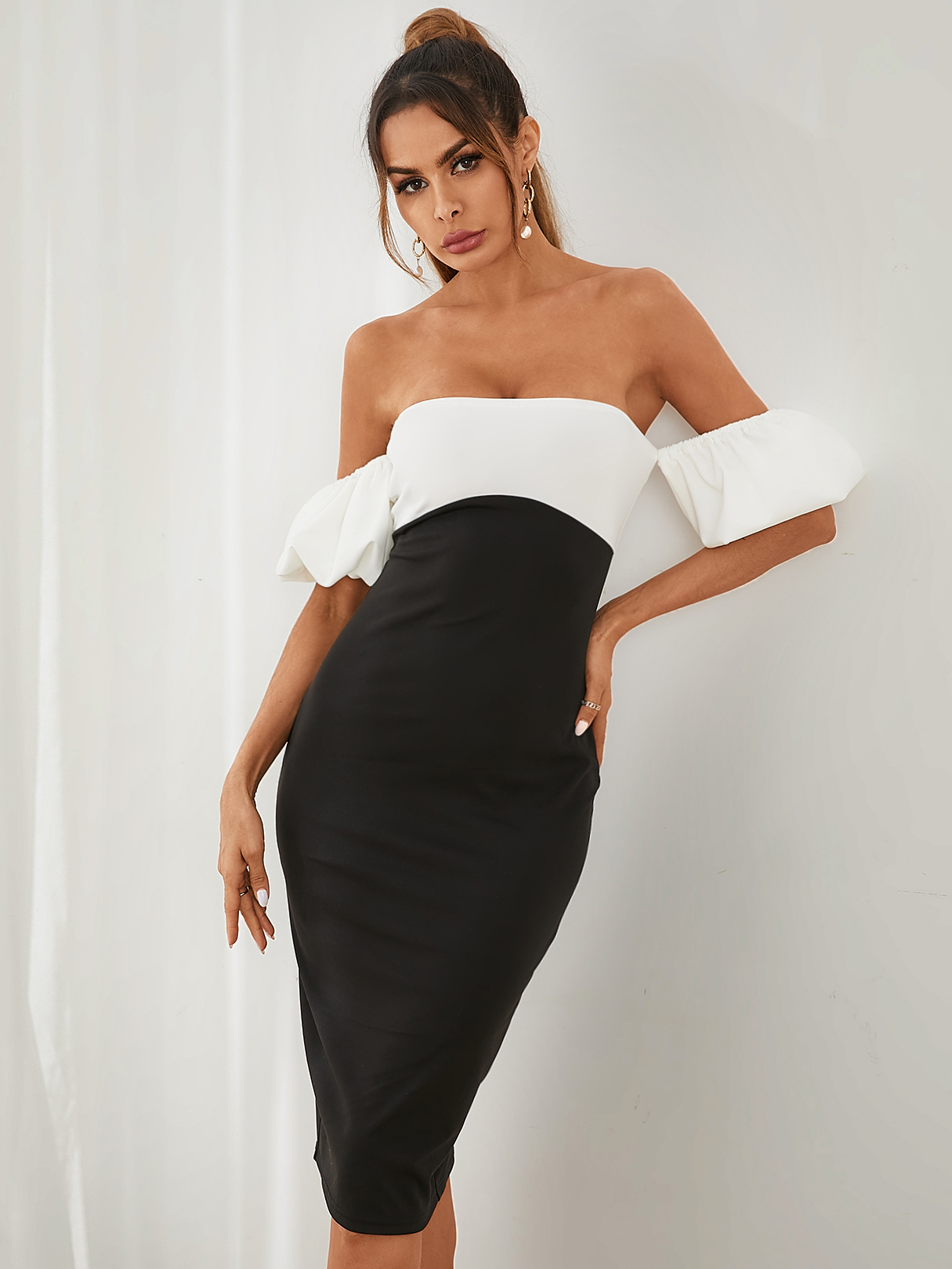 YOINS Black Off the shoulder Patchwork Short sleeves Midi Dress