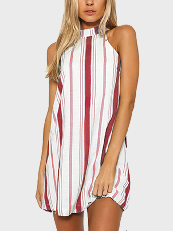 Burgundy Stripe Halter Neck Mini Dress