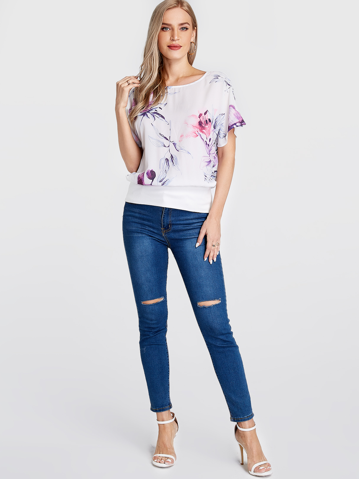 White Random Floral Print Round Neck Short Sleeves Blouse