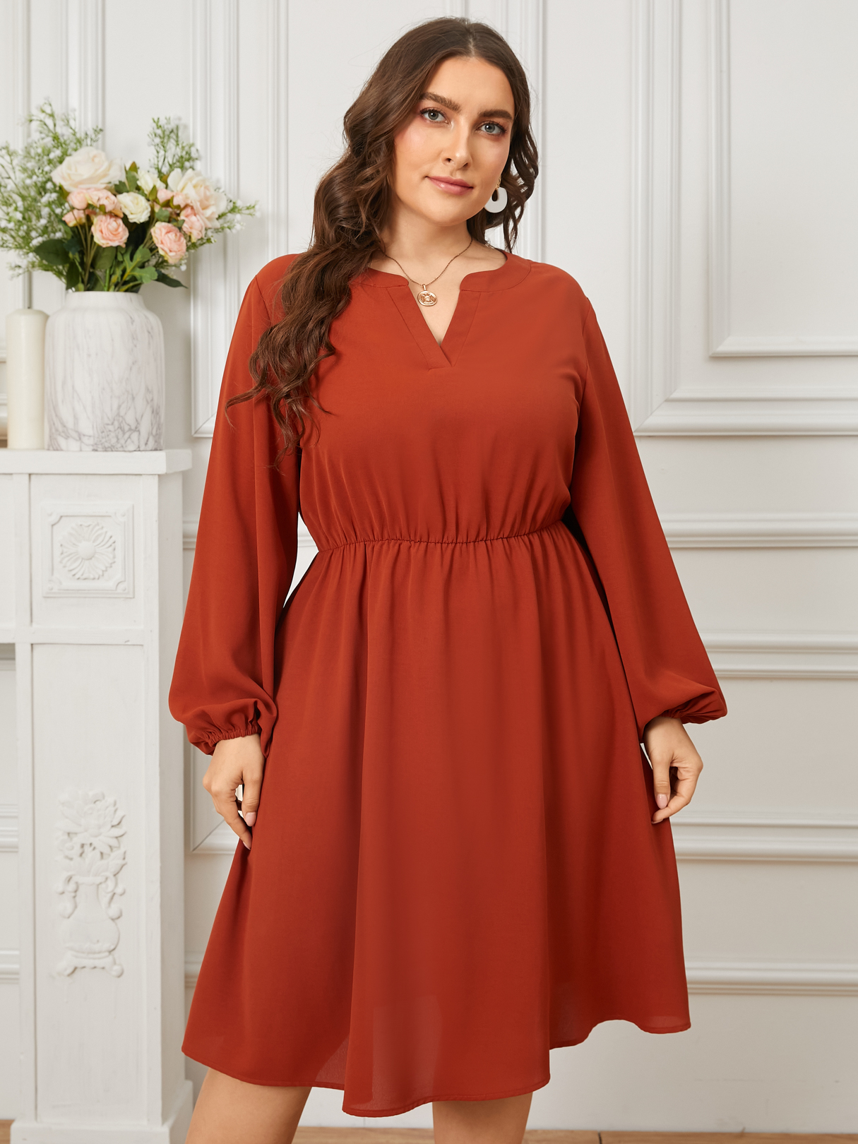 YOINS Plus Size V-neck Elastic Waist Long Sleeves Dress