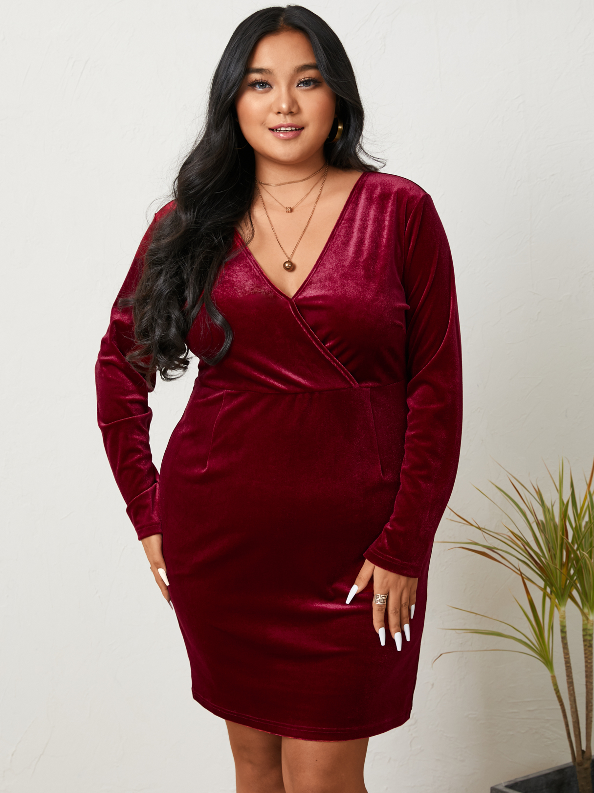 YOINS BASICS Plus Size V-neck Wrap Design Long Sleeves Mini Dress