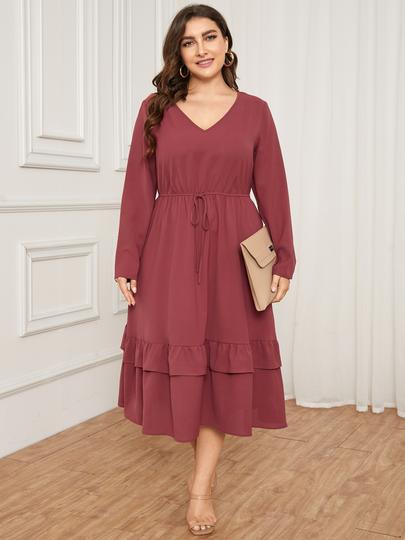 YOINS Plus Size V-neck Tie-up Design Ruffle Trim Long Sleeves Dress