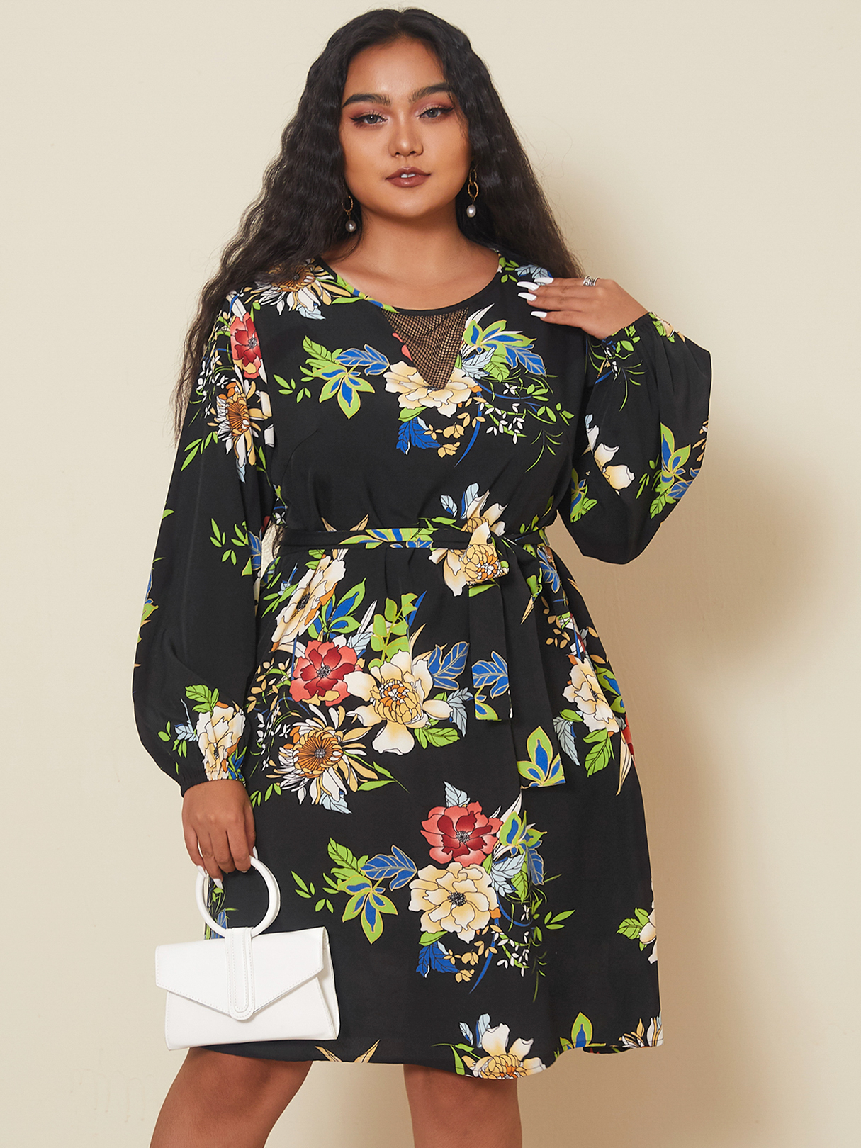 YOINS Plus Size Crew Neck Floral Print Belt Design Long Sleeves Mini Dress