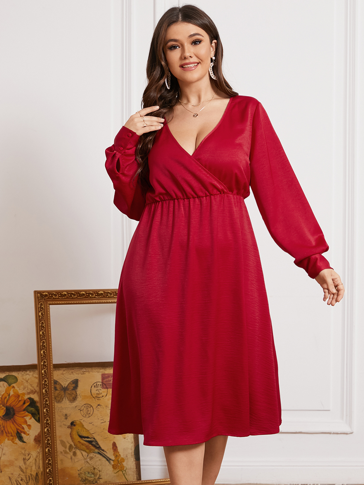 YOINS Plus Size V-neck Crossed Front Design Long Sleeves Dress