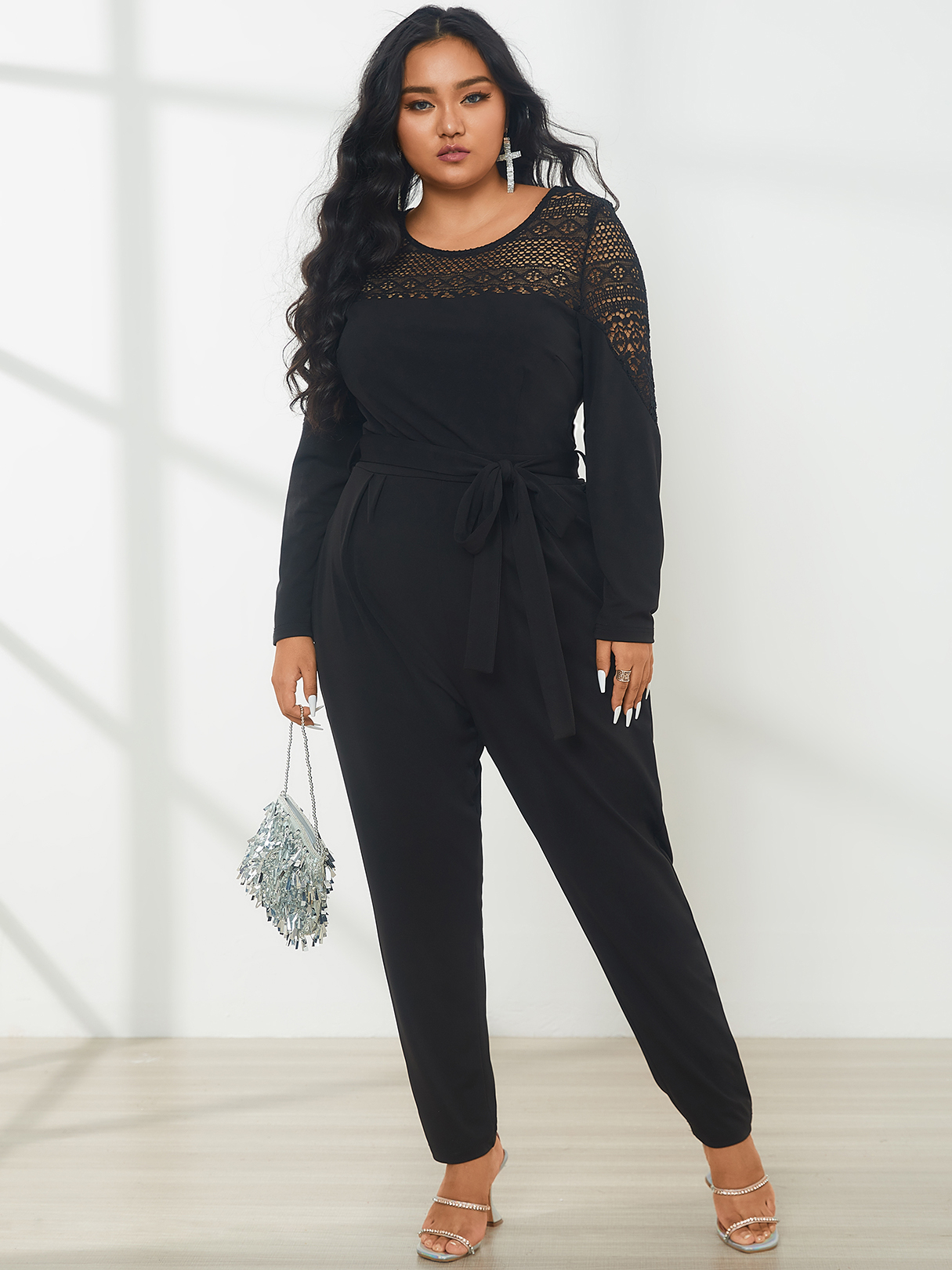YOINS Plus Size Halloween Crew Neck Lace Patchwork Long Sleeves Jumpsuit