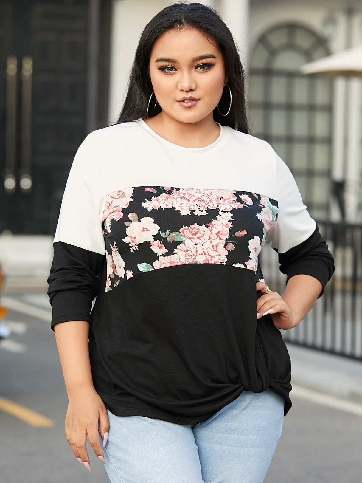 YOINS Plus Size Patchwork Floral Print Twist Long Sleeves Tee