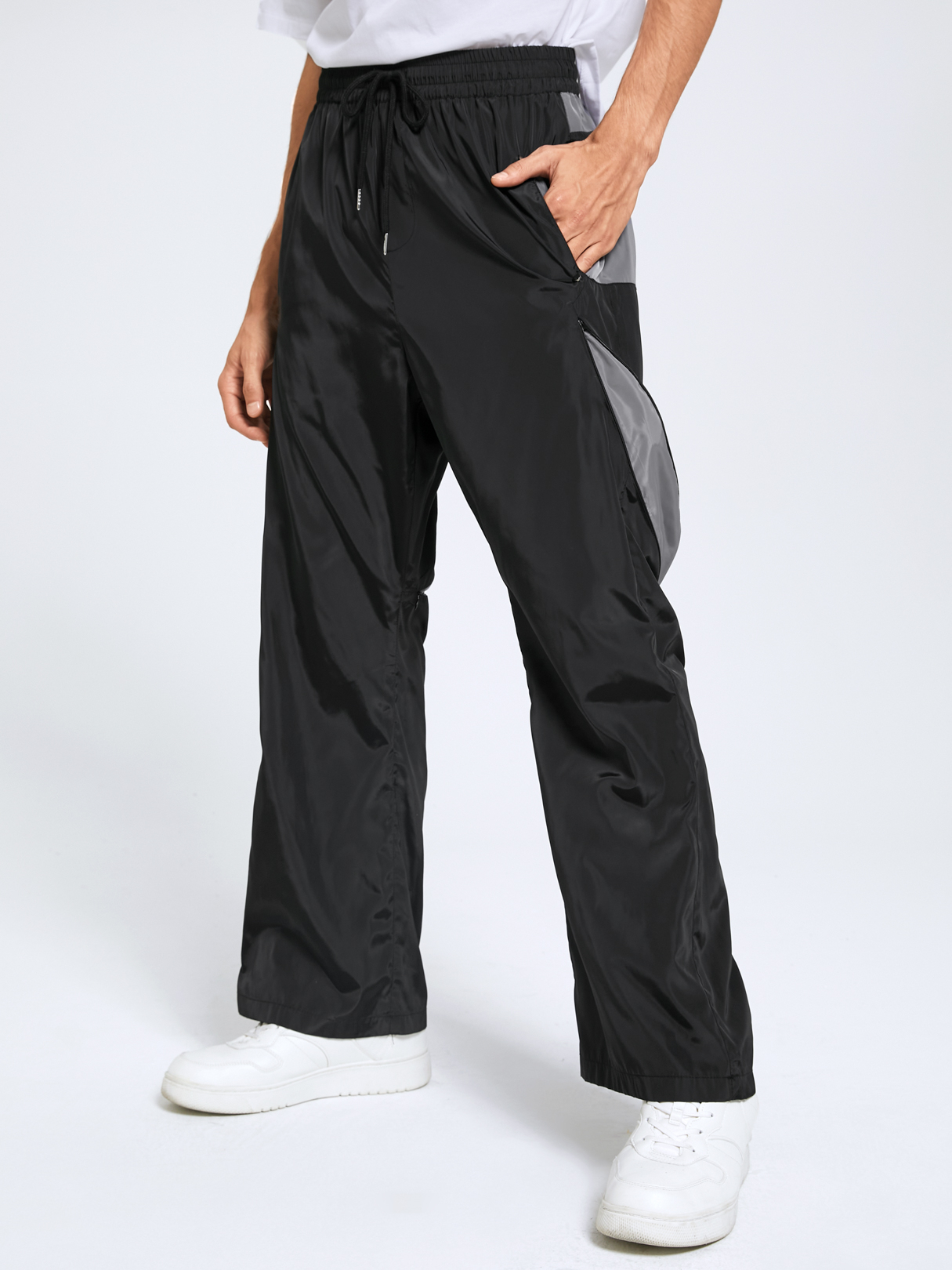 Men Korean Style Color Block Patchwork Zipper Design Drawstring Casual Pants