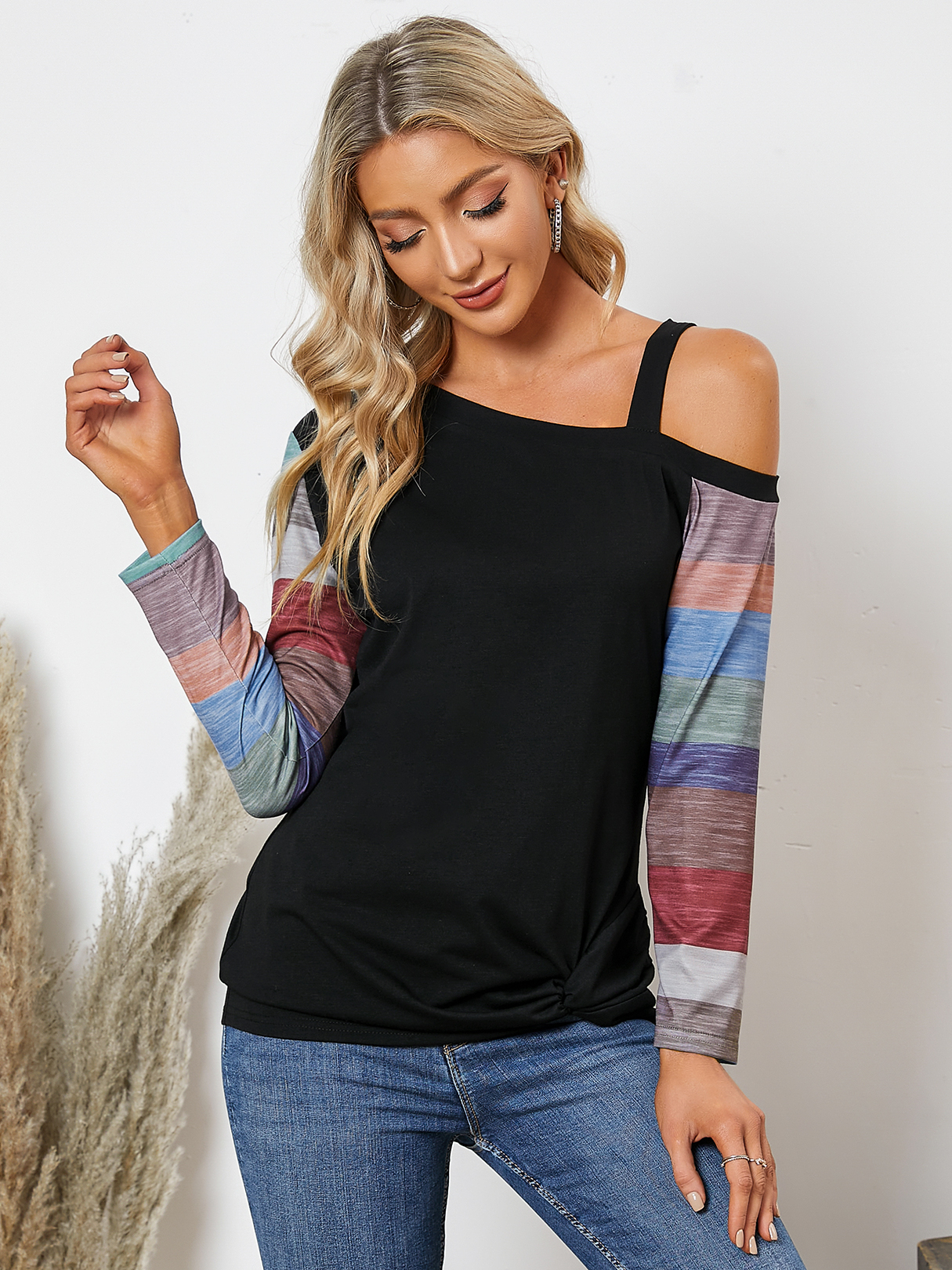 YOINS Multicolor Patchwork Design One Shoulder Tee