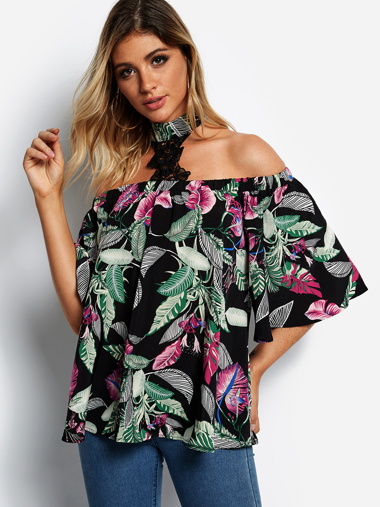 Black Lace Insert Random Floral Print Bell Sleeves Self-tie Top