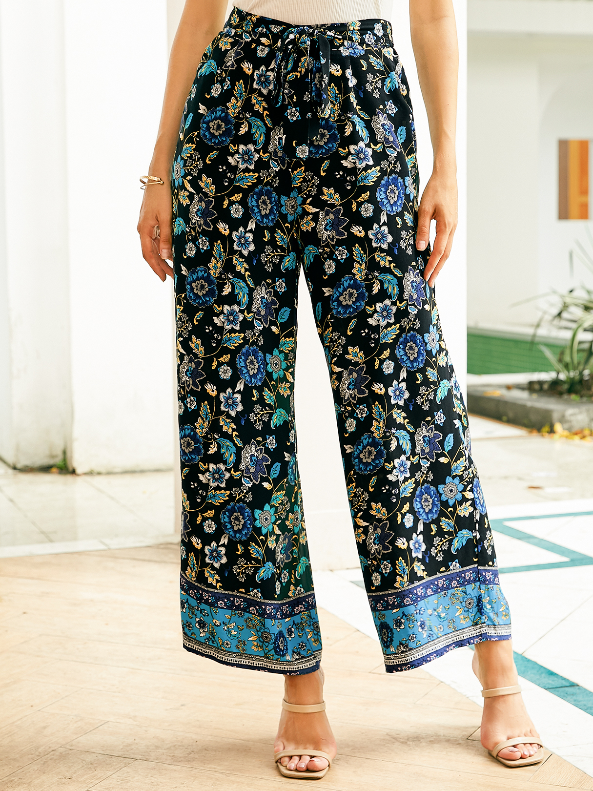 YOINS Black Floral Print Wide Leg Pants