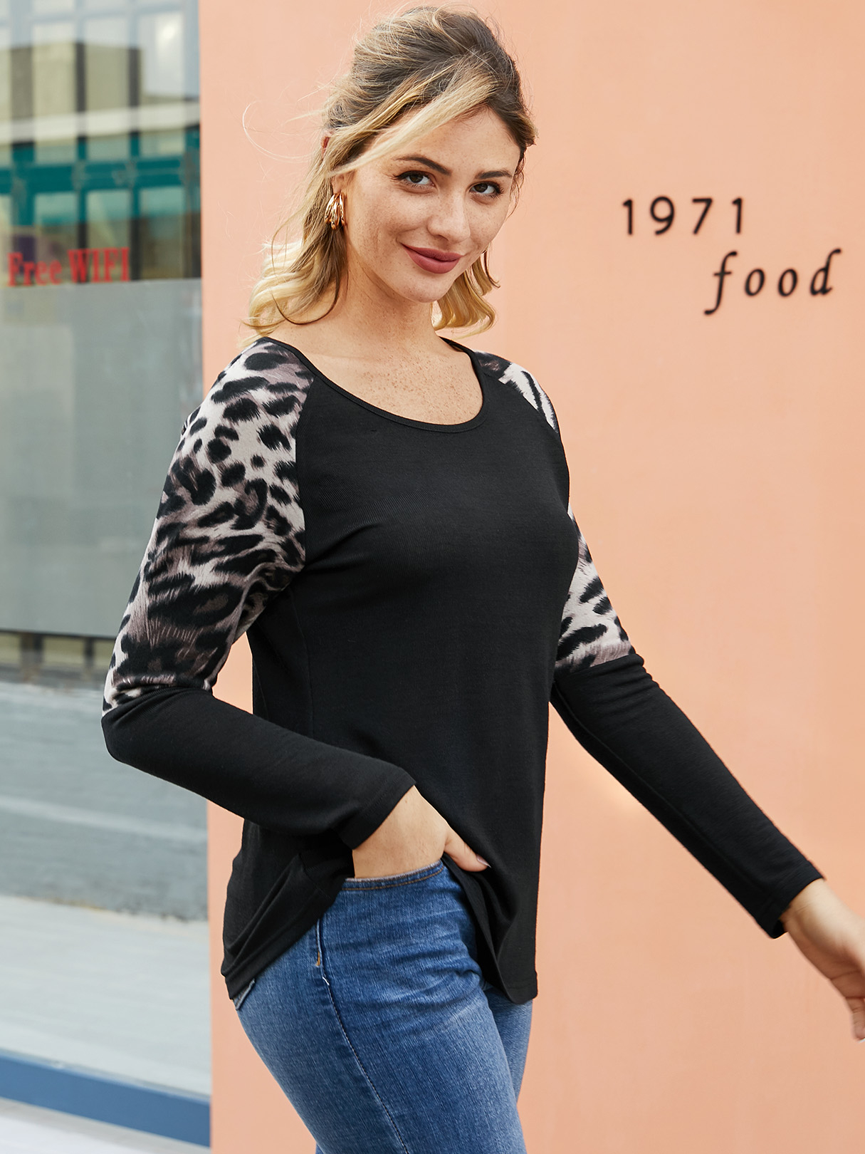 YOINS Black Leopard Round Neck Long Sleeves Tee