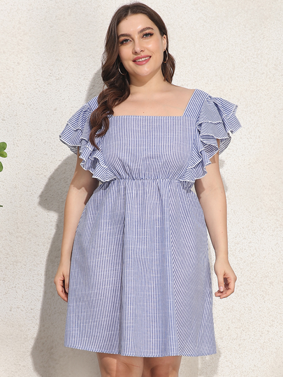 Plus Size Square Neck Striped Short Sleeves Dress