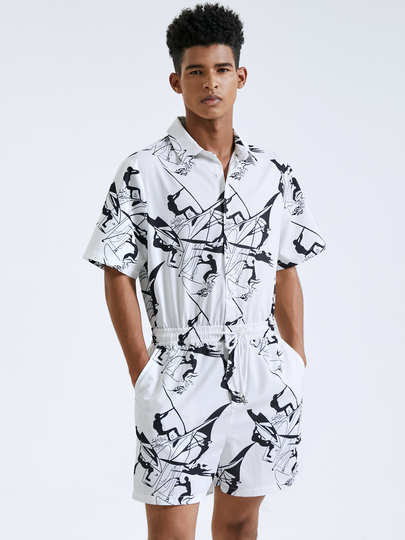 Men Casual Graphic All Over Print Short Sleeve Overalls Jumpsuit