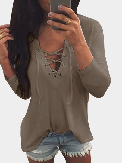 V Neck Lace Up Front Loose T-shirt in Khaki