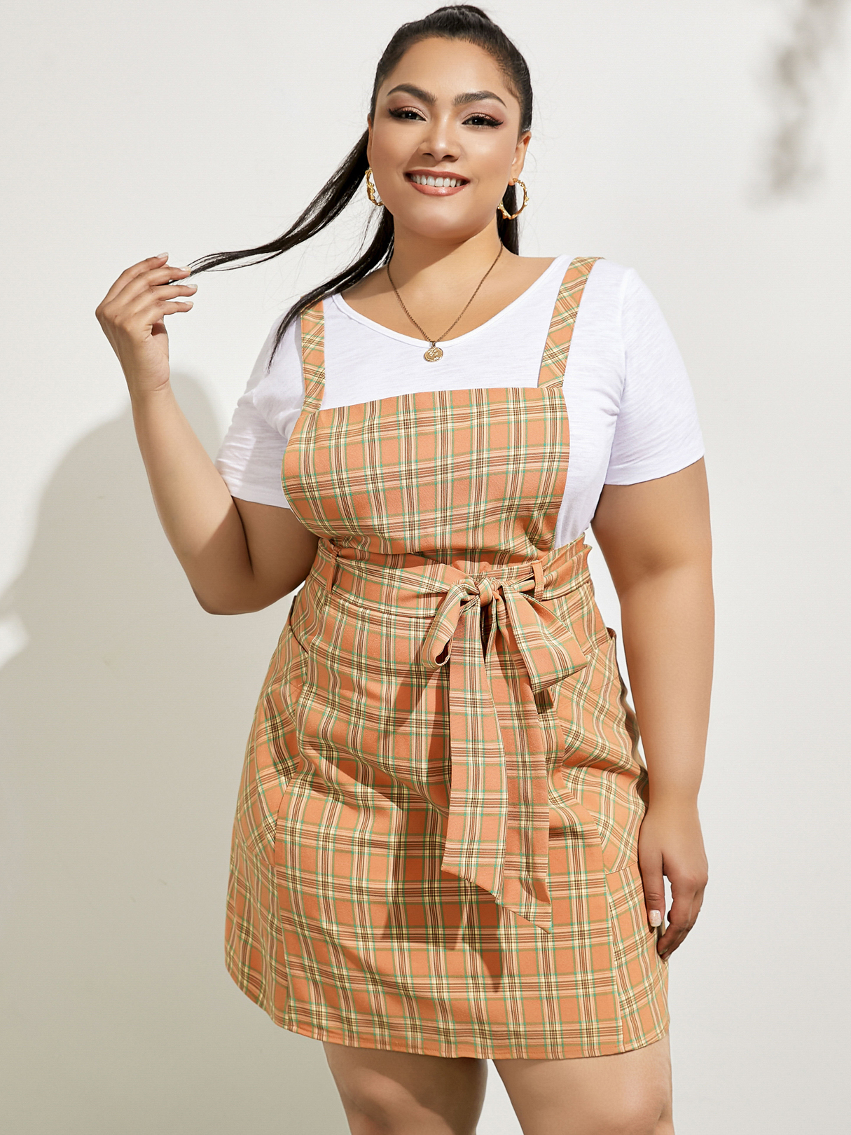 YOINS Plus Size Spaghetti Plaid Belt Design Pocket Sleeveless Dress