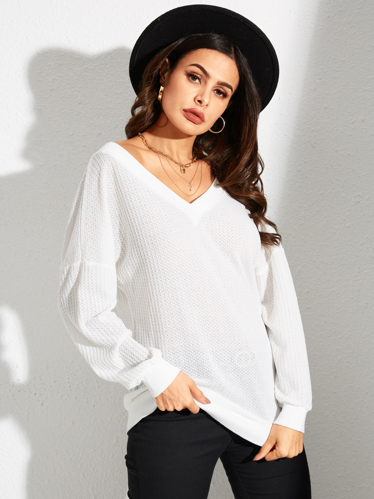 YOINS BASICS White Plain One Shoulder Long Sleeves Sweater