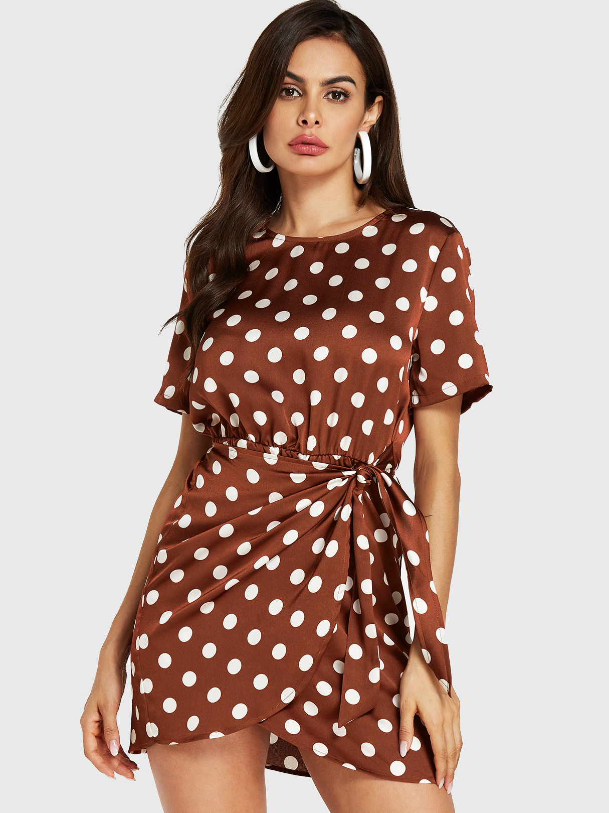 Brown Polka Dot Knotted Design Wrap Hem Dress