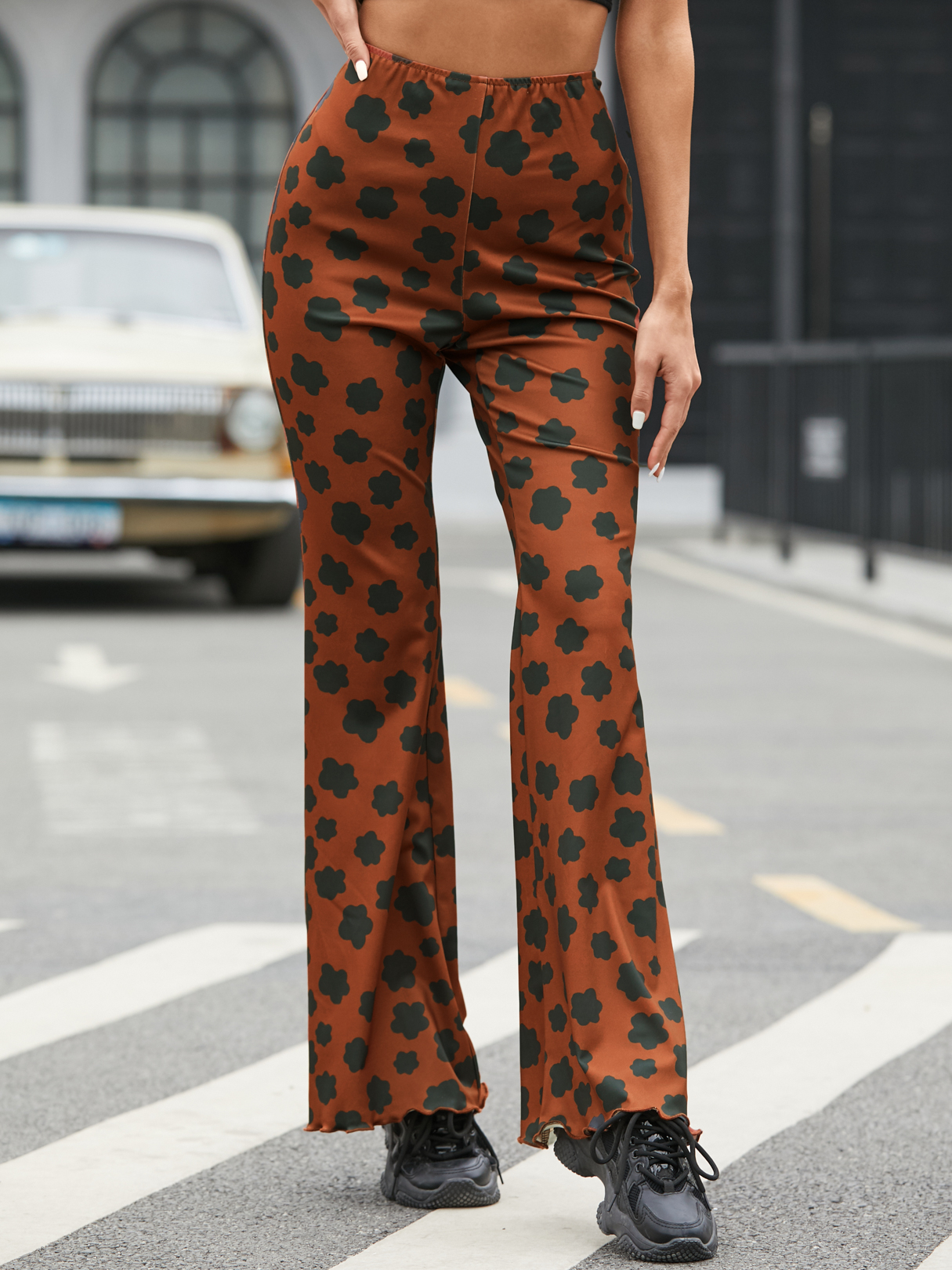 YOINS Brown Floral print Flared Pants