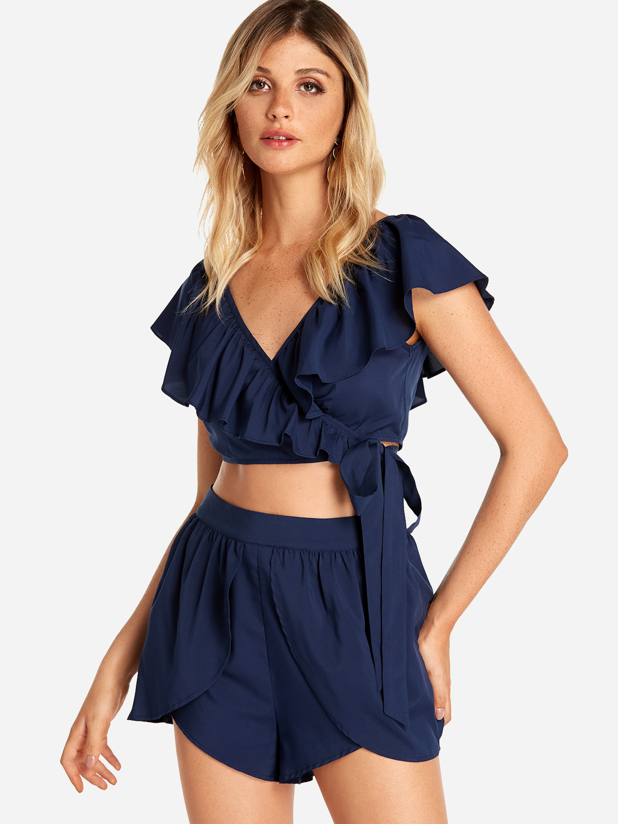 Navy Self-tie Design V-neck Top & Middle-waisted Shorts Co-ord