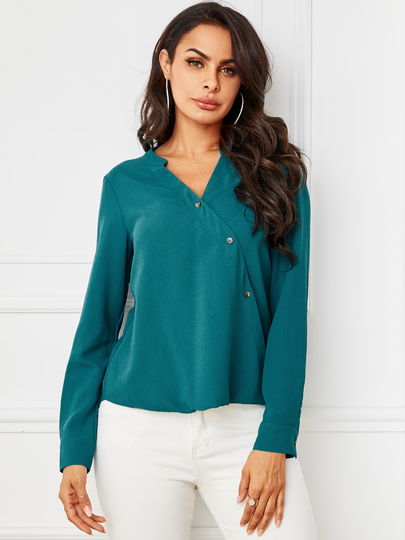 YOINS Green Button Design V-neck Blouse