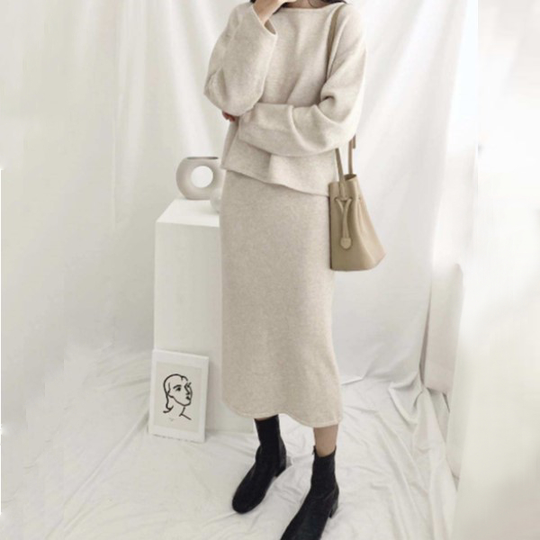 Souland - Long-Sleeve Plain Knit Top + Plain Knit Midi Skirt - Beige/One Size