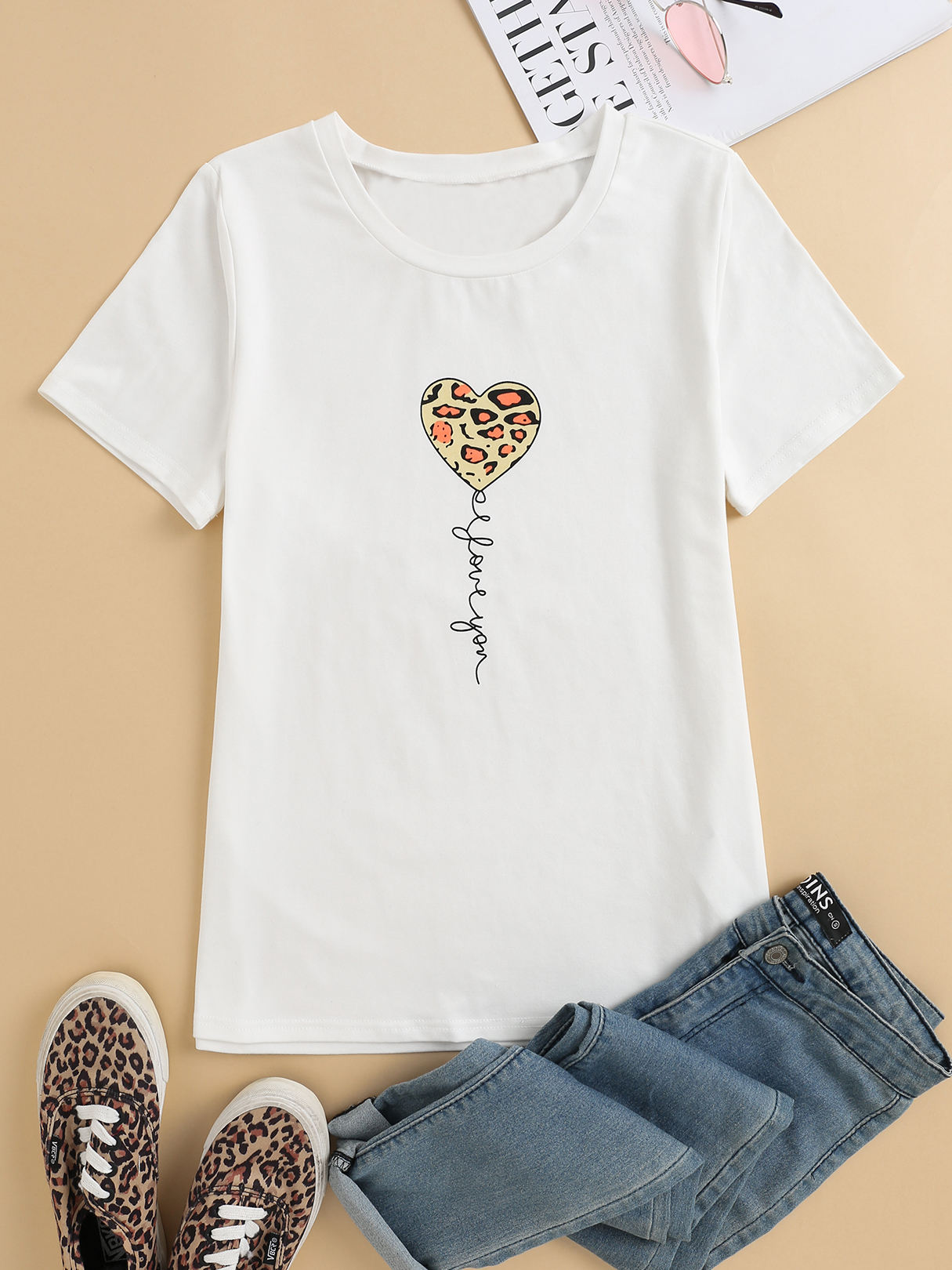 YOINS White Leopard Heart & Letter Print Crew Neck Short Sleeves Tee