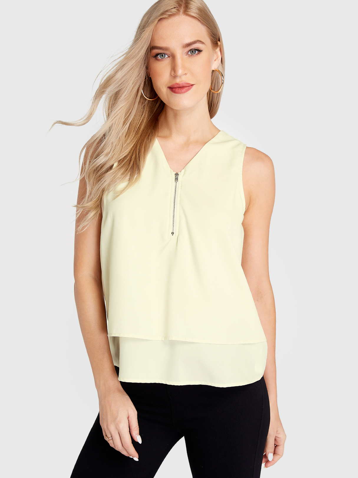 Apricot V-neck Zip Front Tiered Design Tank Top