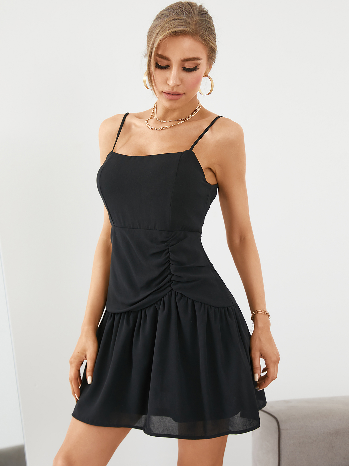 YOINS Spaghetti Ruched Ruffle Hem Sleeveless Mini Dress