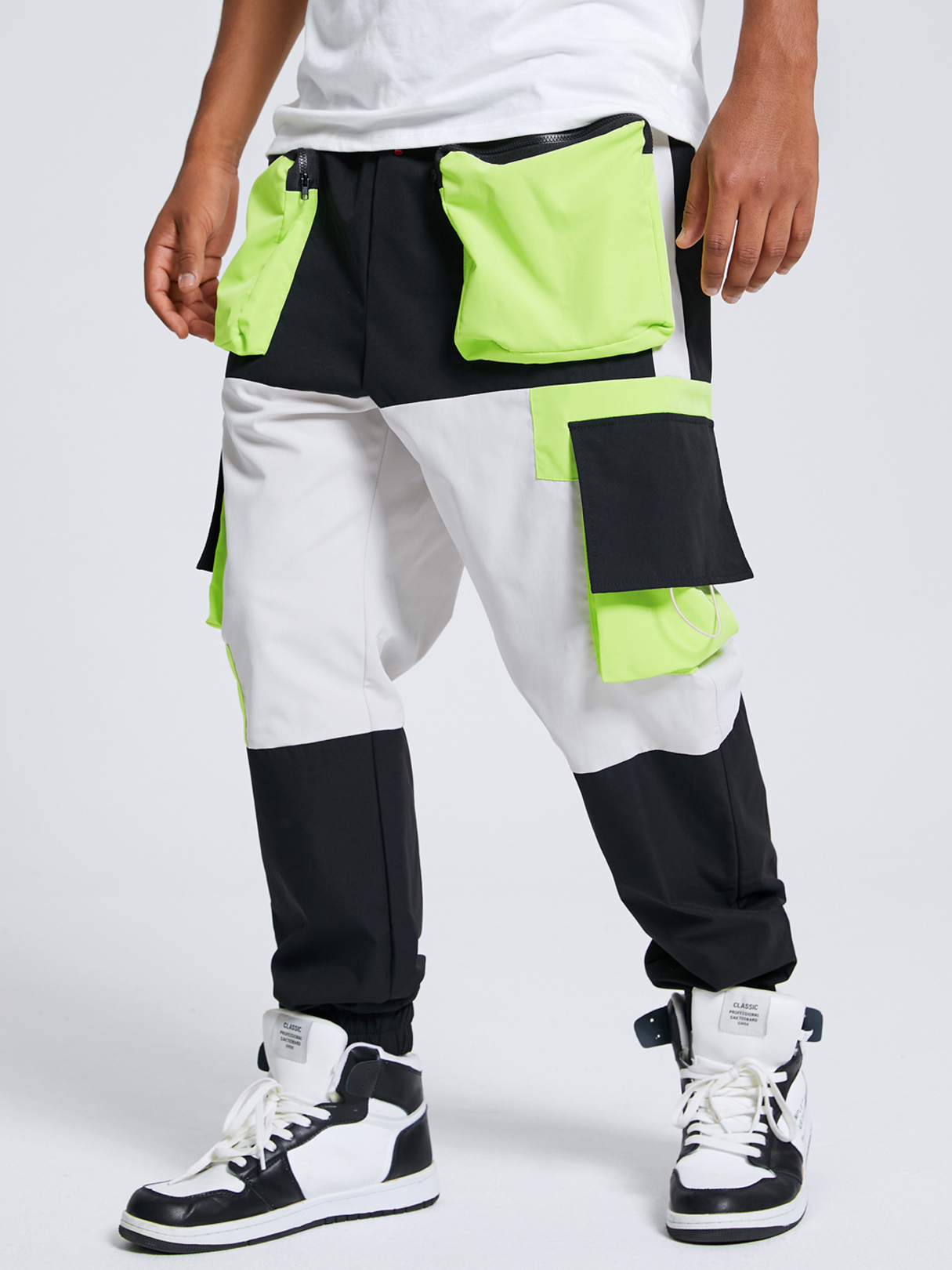 Men Hip Hop Color Block Patchwork Multi-Pocket Elastic Waist Cargo Pants
