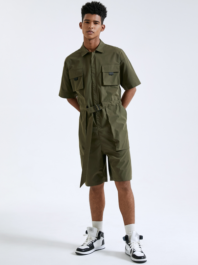 Men Fashion Belt Design Multi-Pocket Short Sleeves Overalls Jumpsuit
