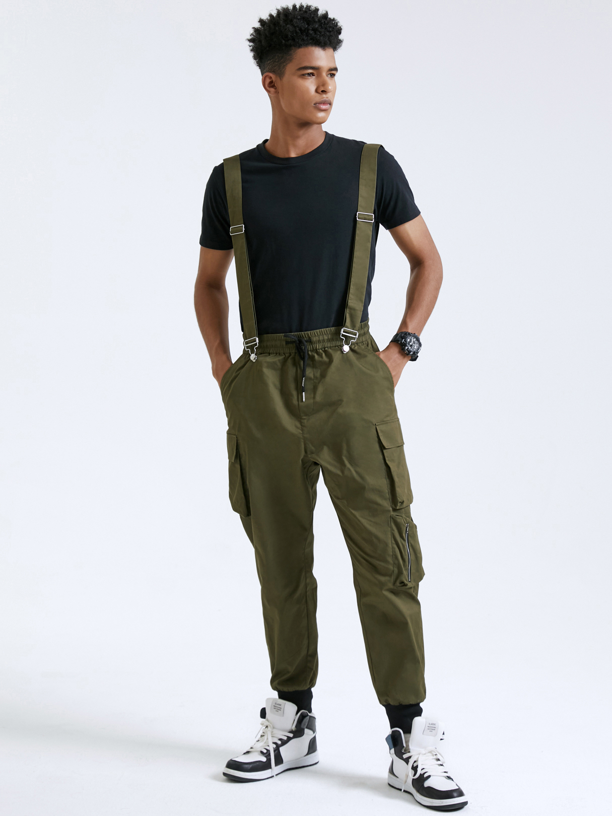 Men Plain Multi-Pocket Adjustable Ribbon Strap Cargo Pants