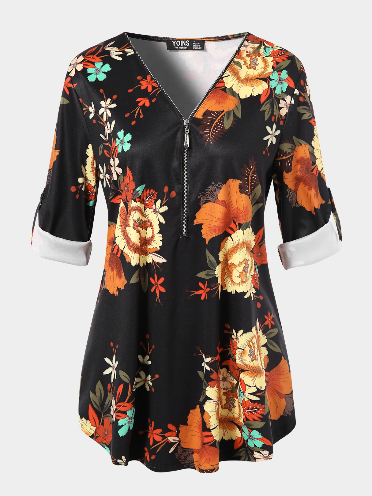 Black Random Floral Print Zip Design V-neck Adjustable Sleeve Length Blouse