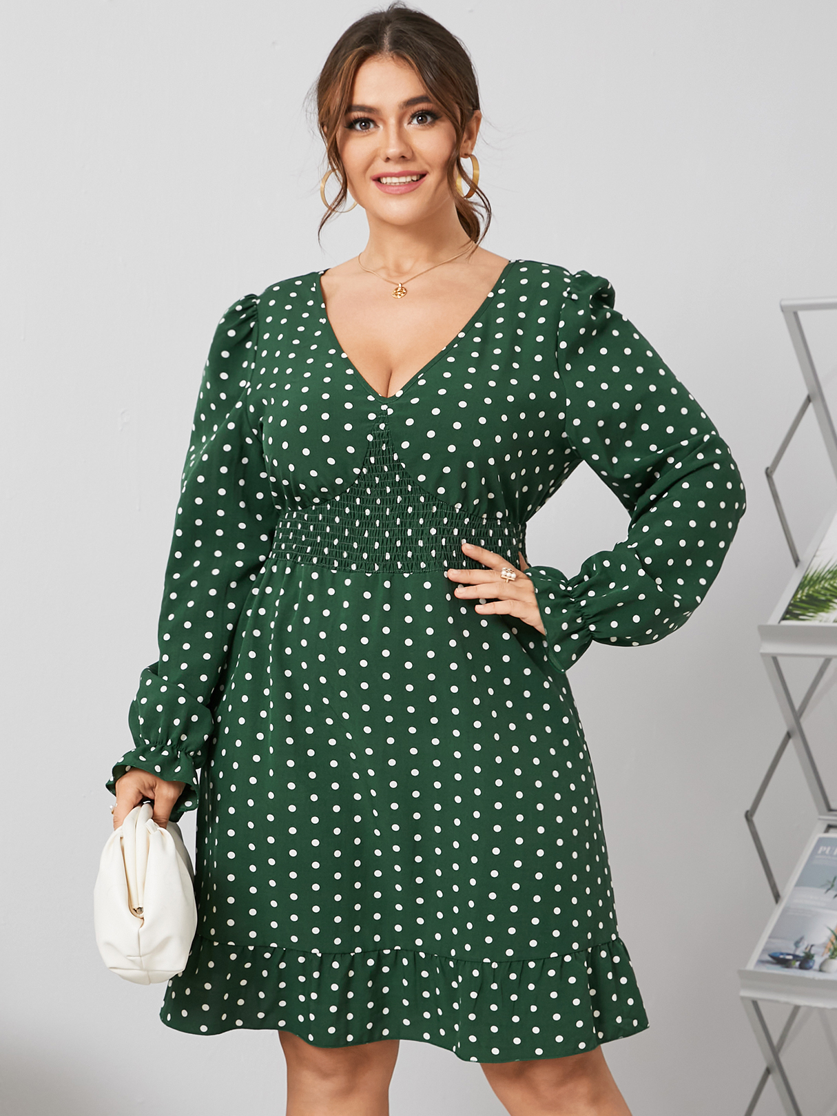 YOINS Plus Size V-neck Polka Dot Shirring Long Sleeves Dress