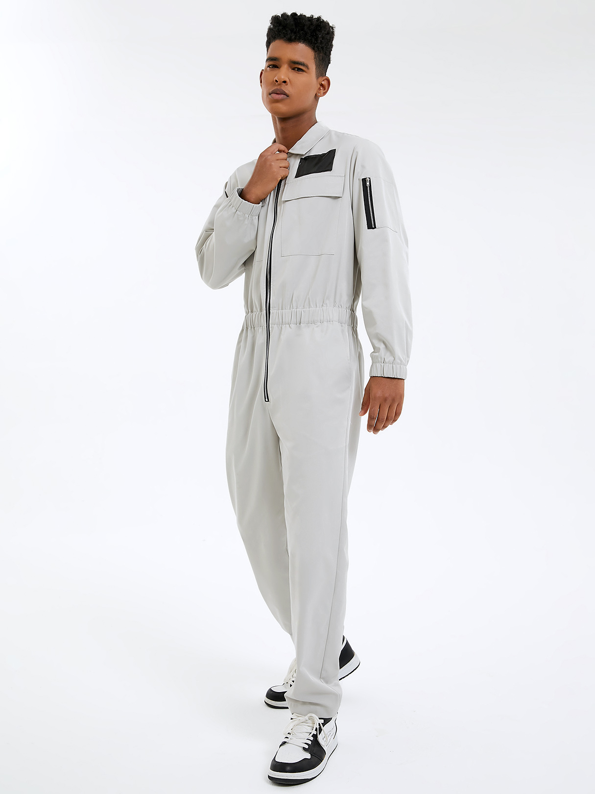 Men Plain Zip Front Long Sleeve Overalls Jumpsuit