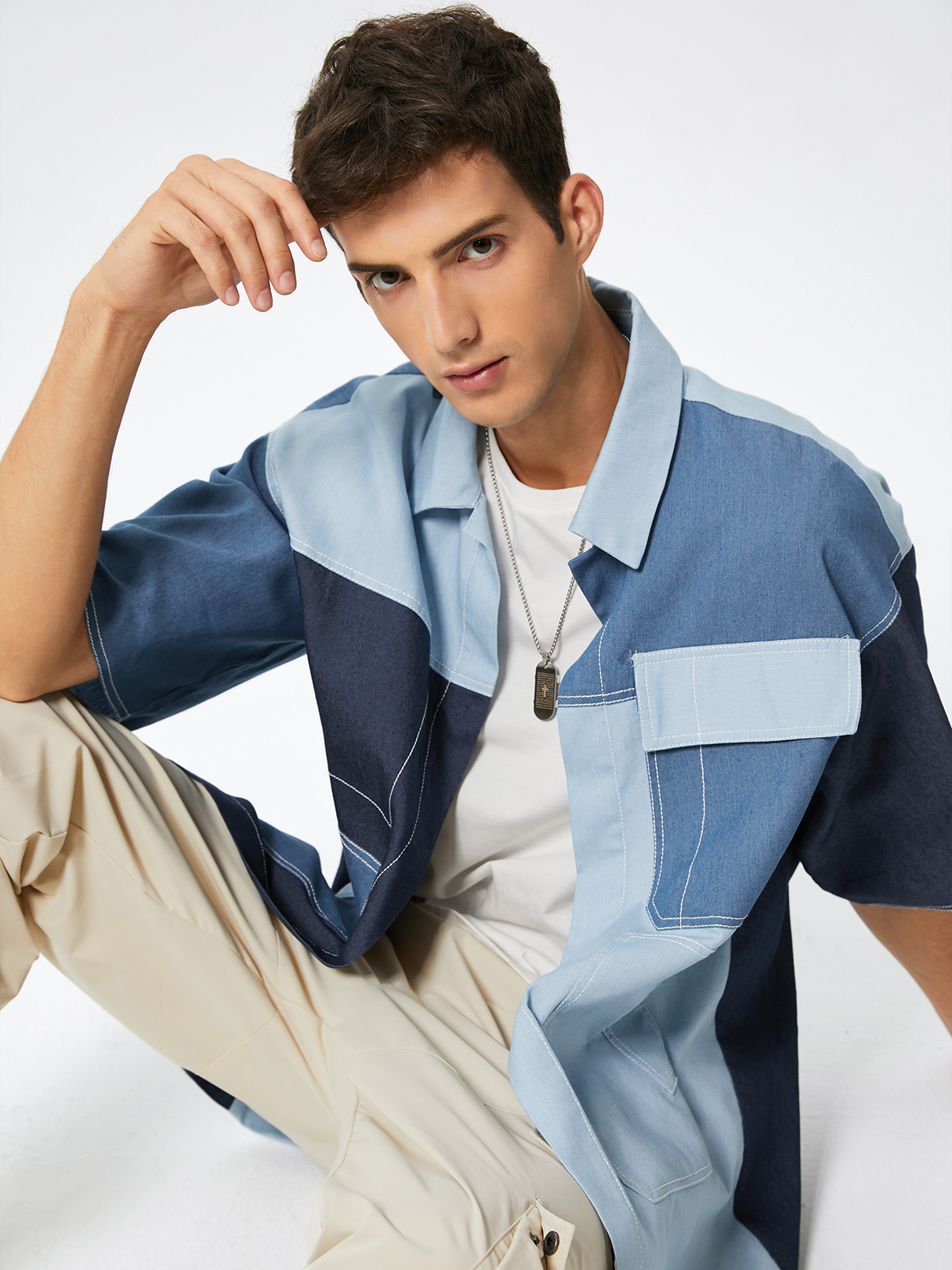Men Multicolor Color Block Pocket Patchwork Shirt