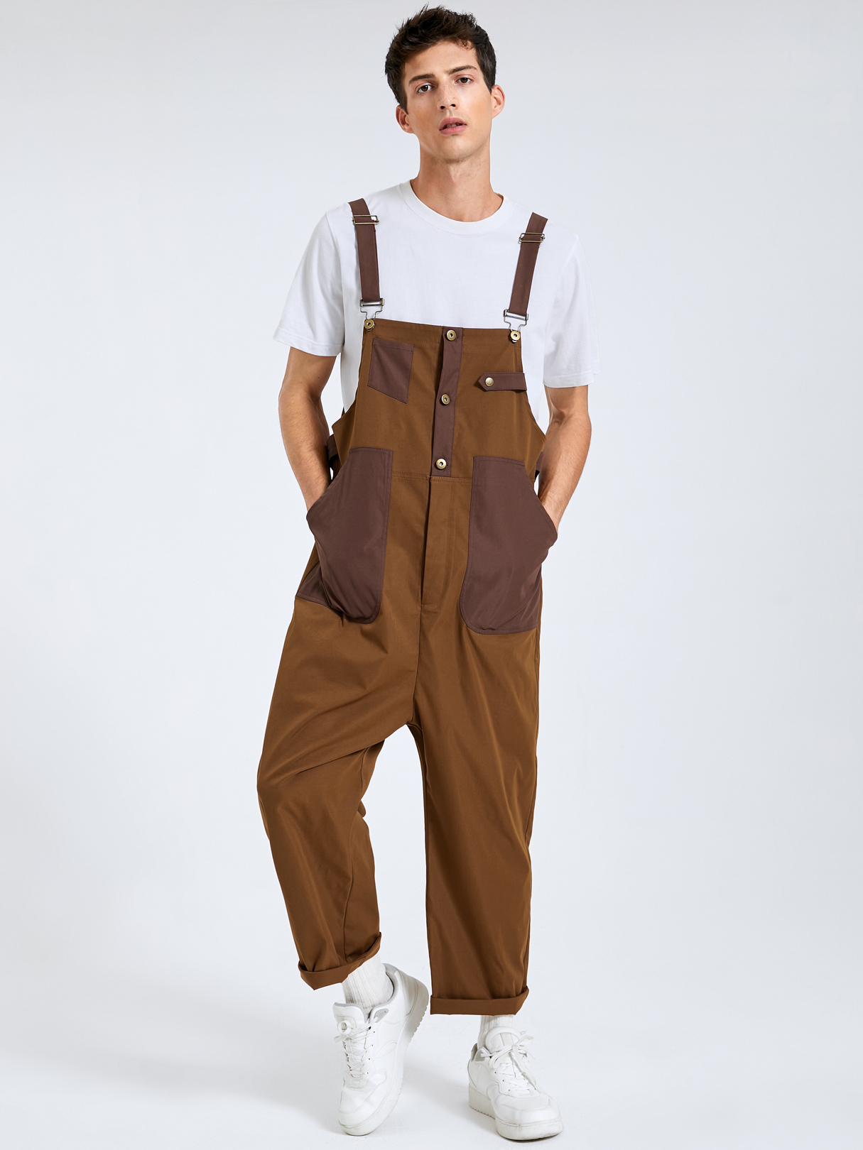 Men Fashion Casual Color Block Patchwork Suspender Overalls Jumpsuit