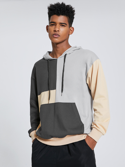 Men 100% Cotton Color Block Patchwork Drawstring Hooded Hoodie