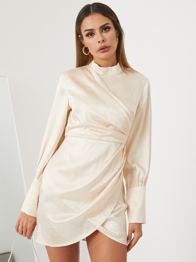 YOINS Apricot Stand collar Jacquard Mini Dress